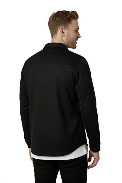 DeepSEA Ανδρικό μαύρο υφασμάτινο σουέτ χωρίς ρυτίδες, εποχιακό πουκάμισο με λεπτή εφαρμογή με τσέπη 2302329