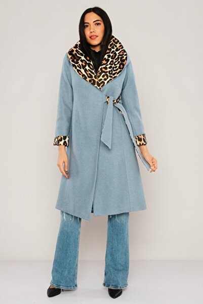 Lila Rose Leopar Astarlı Şık Kaşe Kaban