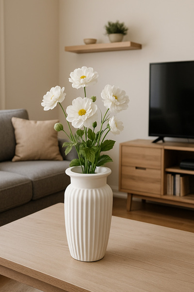 PAPİSAHOME Bej İskandinav Tarzı Bej Rengi Bohem Seramik 20 Cm Çizgili Vazo Trend