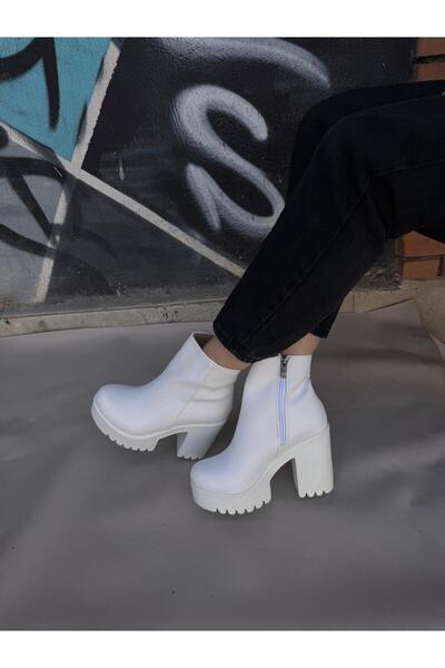 salto ayakkabı Low-Cut White Platform Heeled Boots