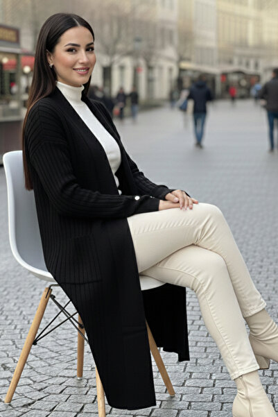 benguen Corded Fabric Knitwear Cardigan with Handle Buttons R7146 Black