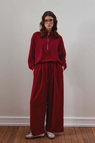 Ceylan Otantik Burgundy 3 Thread Half Zipper Tracksuit Set
