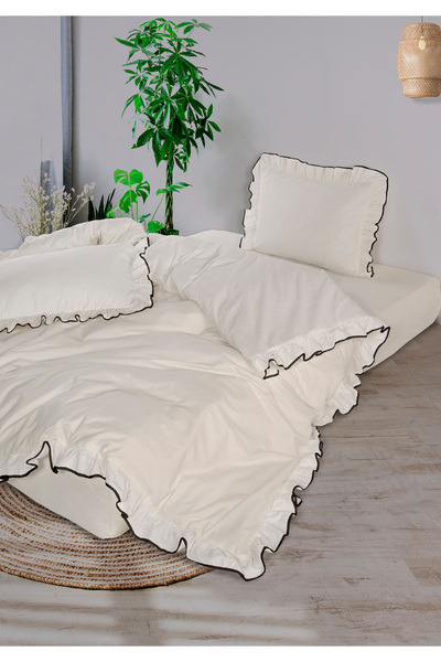 Monolisse Candy Frilly Piped 100% Cotton Akfil Duvet Cover Set Single Ecru Black 200X220Cm