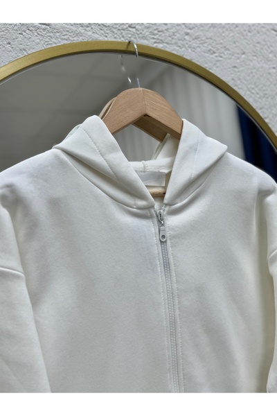 MİHRA STORE Celinda Three Thread Zippered Hooded Cardigan-Zi̇3055 White