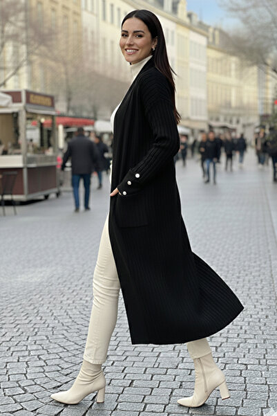 benguen Corded Fabric Knitwear Cardigan with Handle Buttons R7146 Black