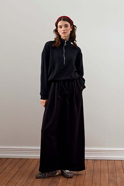 Ceylan Otantik Black 3 Thread Half Zipper Tracksuit Set