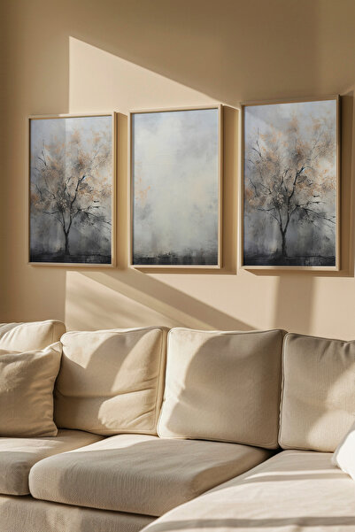 AR AJANS KANVAS TABLO Sonbahar Kış Modu Ağaç ÇERÇEVELİ 3lü set MDF tablo