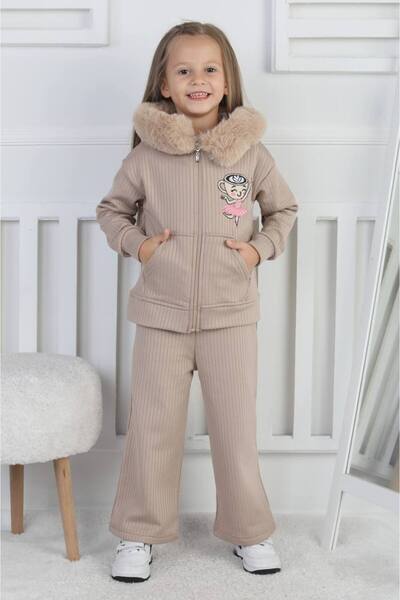 Yalçınoğlu Kids Girl's Warm Plush Collar Ribbed Fabric Set I Zippered Set I Warm and Soft Set