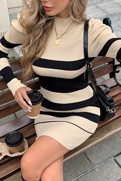 Mossta Mock Neck Balloon Shoulder Detailed Striped Corded Fabric Knitwear Mini Dress - Beige