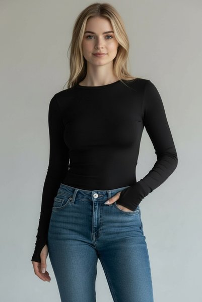 RF Studio Women's Black Finger Detail Finger-Looped Bodysuit Long Sleeve Blouse