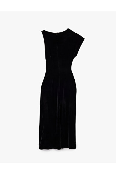 Koton slim fit Rochie din catifea cu două rânduri de nasturi cu guler asimetric cu detaliu cu nod