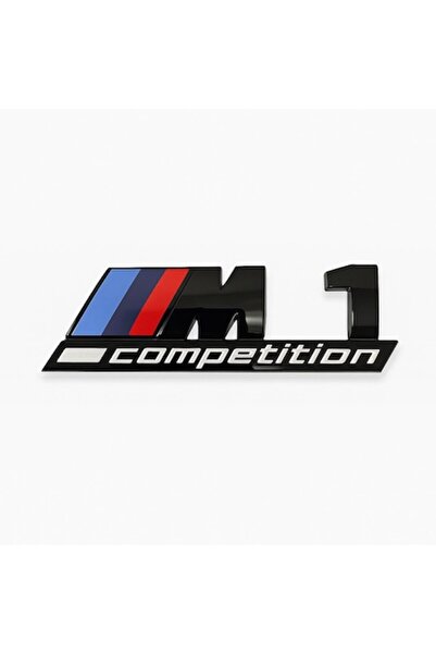 BMW Emblemă M1 Competition Car – 130x38 mm, Negru lucios cu dungi tricolore, Autoadezivă