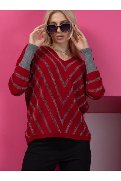 Clothes Fast V-Neck Striped Red Women's Sweater