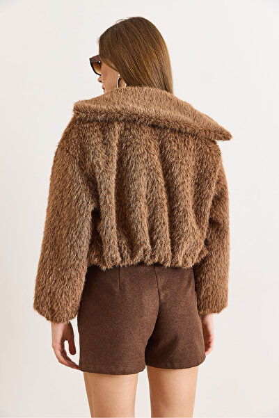 Olalook Women's Camel Lined Zippered Pocket Faux Fur Coat Kbn-19000025