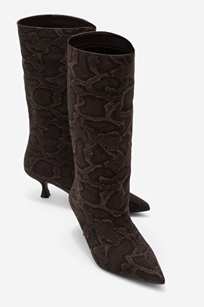 LuviShoes Crow Brown Patterned Pointed Toe Women's Heeled Short Boots