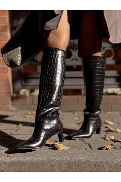 labor Selection Crocodile Leather Blunt Toe Heeled Boots 6 cm (Suitable for Wide Feet)