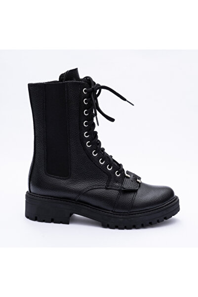 VAGAM Ghete Negre din Piele Naturala cu Siret si Fermoar