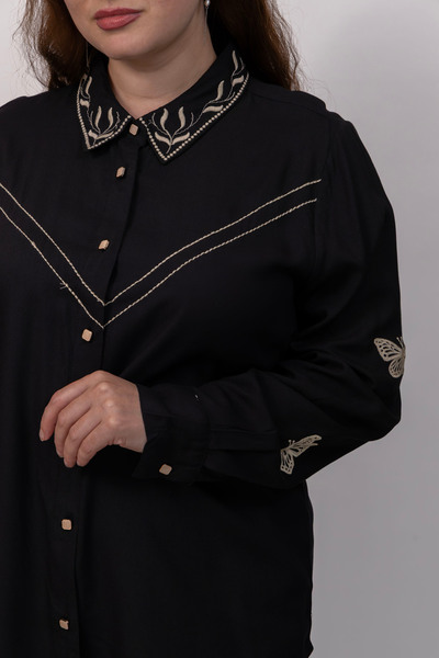 LINELLE Ladies Co-Ord Set – Soft Crepe Black Shirt with Floral Embroidery on Collar and Sleeves, Solid Pant