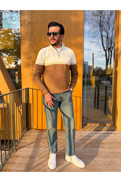 Avni Ceylan Color Block Half Zipper Men's Knitwear Sweater