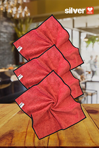 SİLVER HOME Microfiber Super Absorbent 3-Piece Towel Cleaning Cloth-Red 32×32 cm