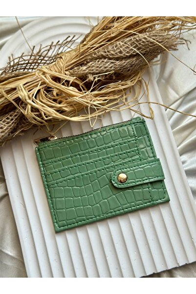 DEMİR ACCESORİES Faux Leather Snap Fastener Zippered Green Women's Card Holder