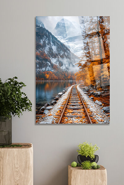 TAULART Autumn Mountain Landscape and Train Track Glass Painting – Nature-The...