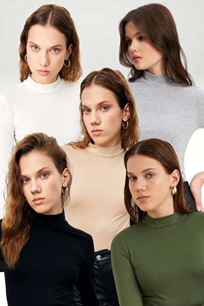 Bipantolon Women's Black Cream White Light Gray Khaki 5-Piece Half Turtleneck Basic Bodysuit