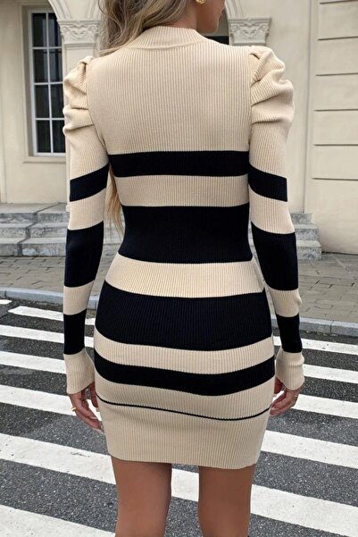 Mossta Mock Neck Balloon Shoulder Detailed Striped Corded Fabric Knitwear Mini Dress - Beige