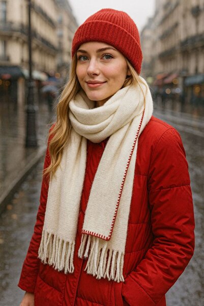 MARBERRY Red Plaid Patterned Boucle Women's Scarf and Beret Set of 2