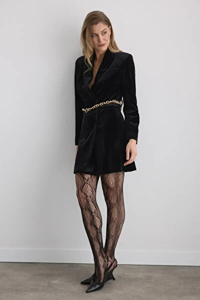 Gusto Velvet Jacket Dress with Chain Belt - Black