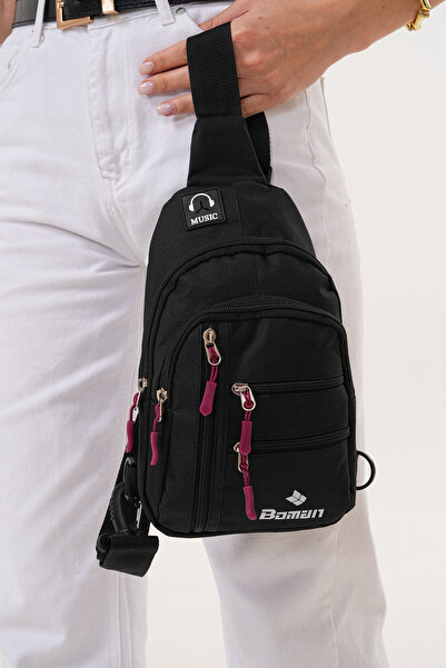 Boman Shop Unisex Black Waterproof Shoulder Bag with USB Headphone Outlet Crossbody Chest Bag