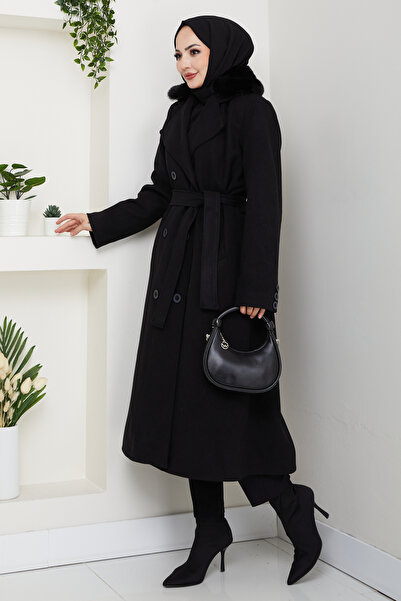 Pamuk Butik Women's Fur Detailed Double-Breasted Collar Belted Cashmere Coat