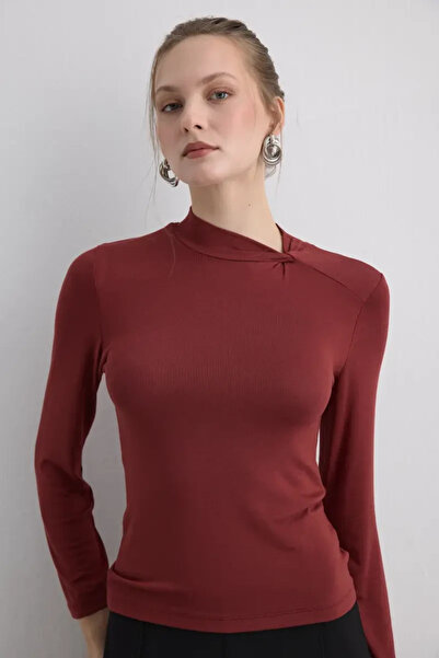 Gusto Viscose Lycra Blouse with Knotted Collar - Tile