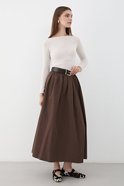 JASTE Women's Brown Belted Ruched Detail Maxi Skirt