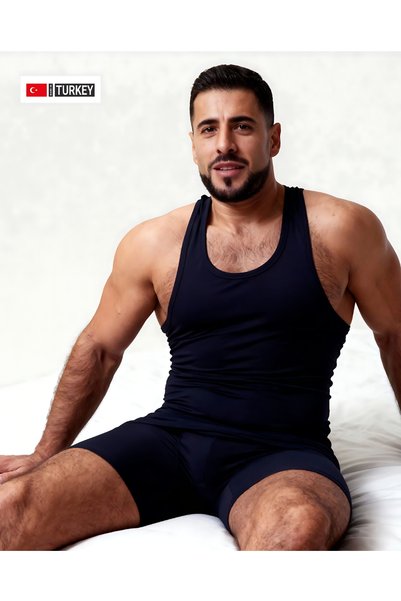 Mercan Men's Navy Blue Set in Special Box Long Cut Boxer + Sports Tank Top