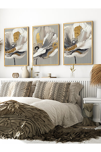 AR AJANS KANVAS TABLO Золоті квіти трійка в рамці 3-х комплект MDF картина