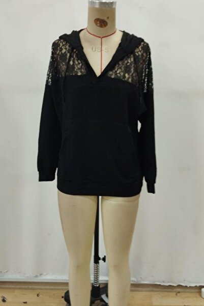 Mossta Lace Detailed V-Neck Hooded Pocket Viscose Two Thread Blouse - Black