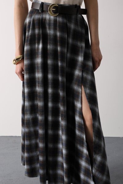 VAGGON Women's Brown Plaid Belted High Waist Slit Detailed Maxi Skirt Vs01645