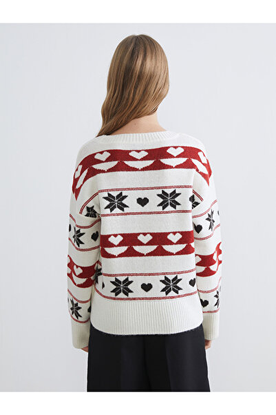 LC Waikiki Xside Ecru Crew Neck Patterned Women's Knitwear Sweater