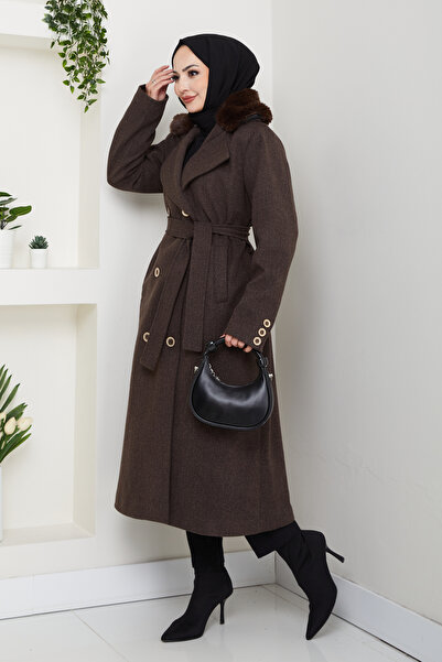 Pamuk Butik Γυναικείο παλτό με λεπτομέρεια από γούνα διπλό πέτο με κορδόνι με ζώνη