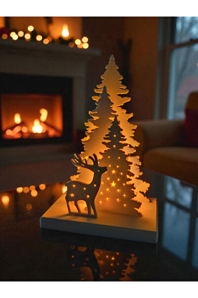 lysiaaccessory Dekoratif Çam Ağacı ve Geyik Silüetli Yılbaşı Temalı Led Tealight Mumluk