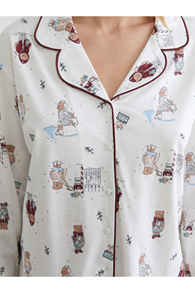 LC Waikiki Dream Ecru Shirt Collar New Year Themed Women's Pajama Set