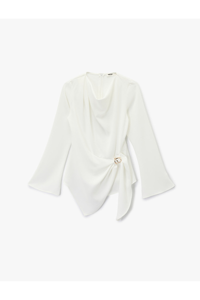 Koton Long Sleeve Degaje Collar Metal Accessory Gathered Asymmetrical Blouse