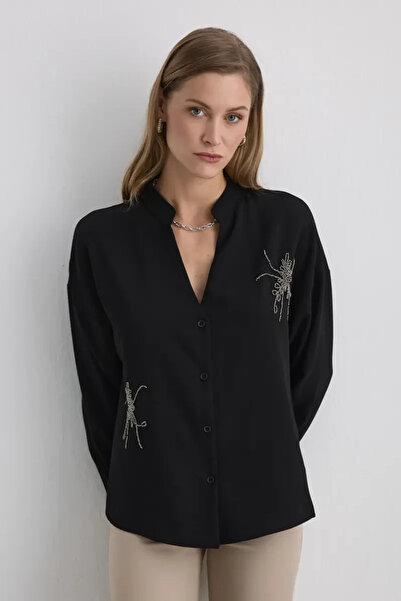 Gusto Embroidered Crepe Tunic - Black