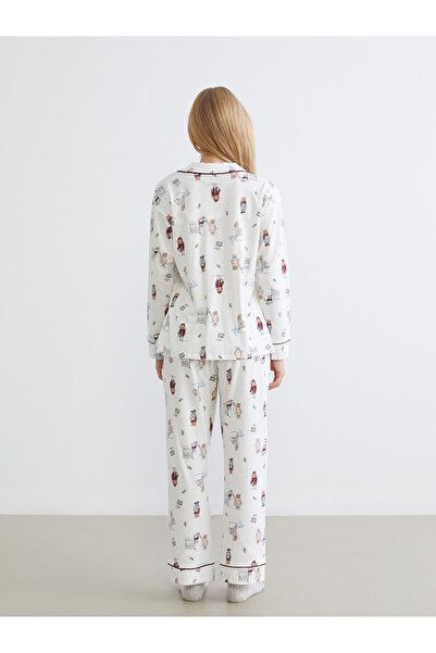 LC Waikiki Dream Ecru Shirt Collar New Year Themed Women's Pajama Set