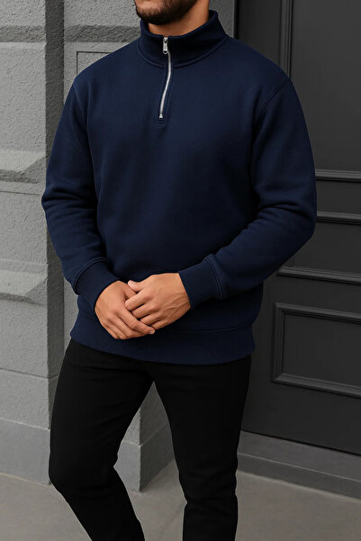 DAMGA JEANS Men's Winter Basic Navy Blue Zippered Sweatshirt