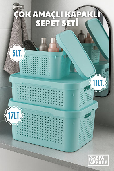 Nandy Home Çok Amaçlı, Kapaklı Sepet Seti - Düzenleyici Saklama Kutusu Seti 5...