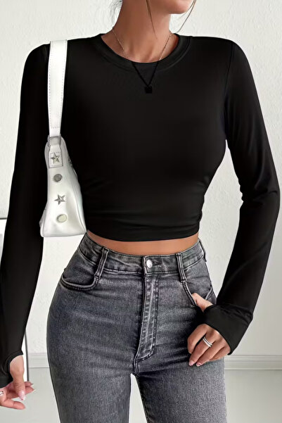 Tarz Cool Women's Black Crew Neck Fit Finger Insert Detail Long Sleeve T-Shirt