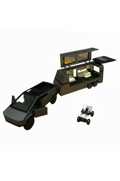 Vision XXI Tesla Cybertruck Car With ATV And Trailer, Metallic, 1:36, Opening Car And Trailer Doors, 27 cm, Black