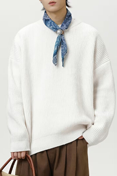 Tarz Cool Men's White Regular Crew Neck Knit Sweater